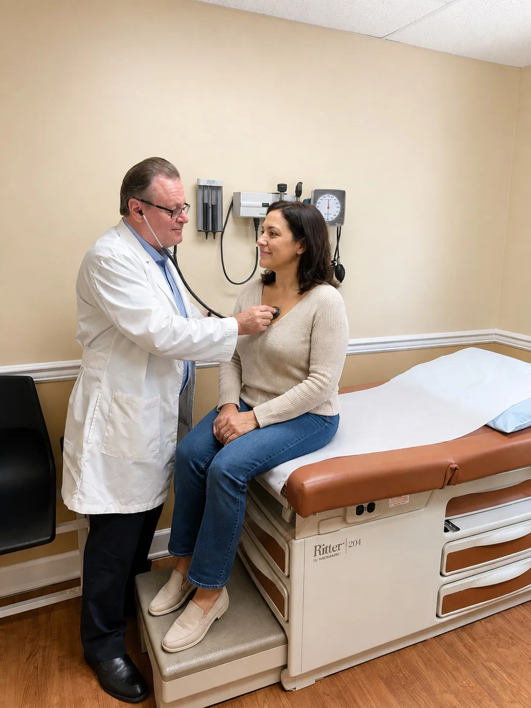 Dr. Eduard Fuzaylov listening to a patient's heart in the exam room